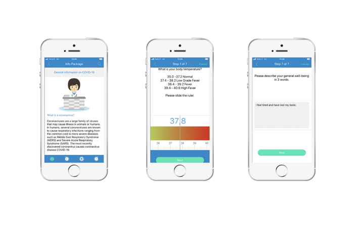 BuddyCare mobile app interface showing symptom tracking questionnaire for COVID‑19 patients at Central Ostrobothnia Central Hospital
