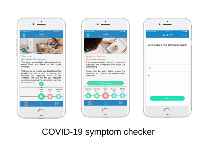BuddyCare mobile app symptom tracking screen used by COVID‑19 patients for daily reporting of fever, cough and breathing difficulty