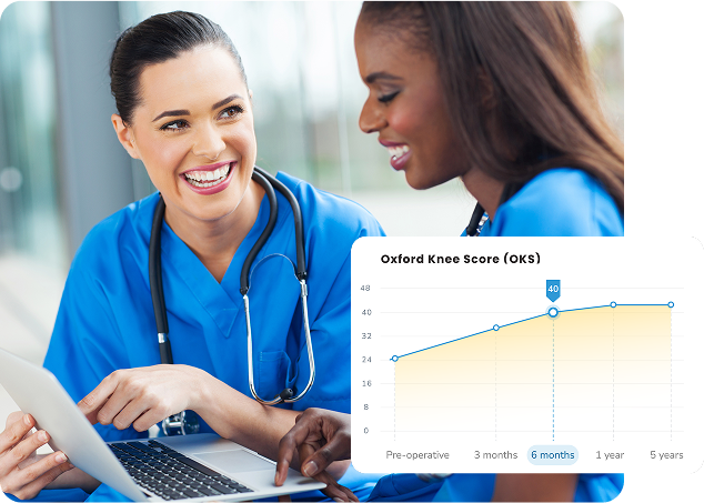 Two healthcare professionals reviewing patient data on a laptop with an Oxford Knee Score graph showing improvement over six months