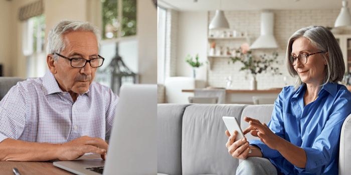 Patient using a mobile phone and another using a computer, showing mobile app vs web interface