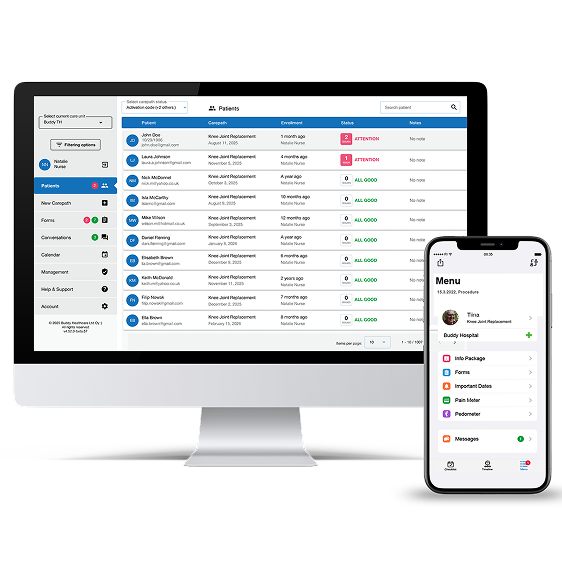 Pathway management dashboard enabling remote monitoring with a patient engagement app, enhancing recovery.