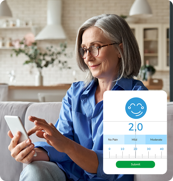 Patient using a patient engagement app to submit pain score with a digital pain meter for postoperative recovery.