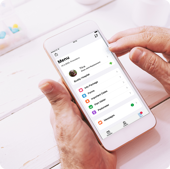 A patient is using a patient engagement app to submit PROMs and PREMs questionnaires